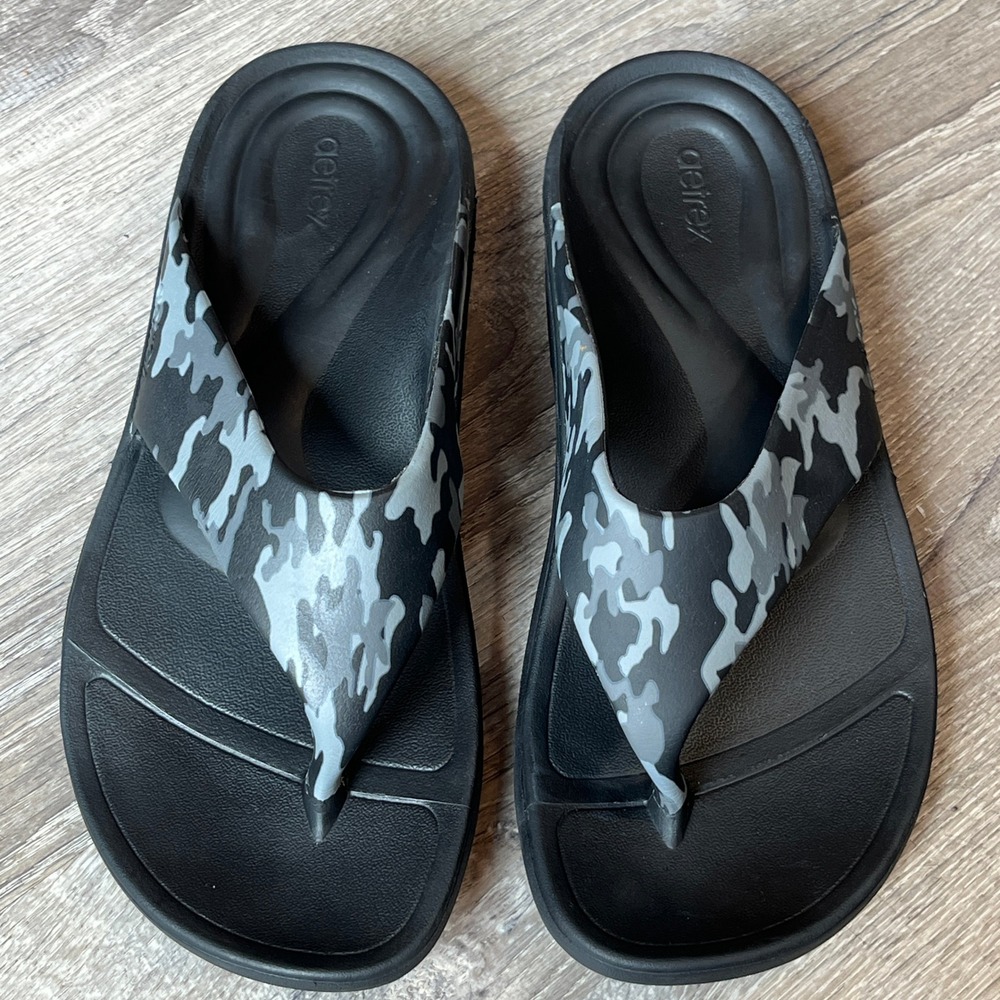 Aetrex Maui Orthotic Flip Flops Black Grey Camo Thong Sandals Mens 10-11